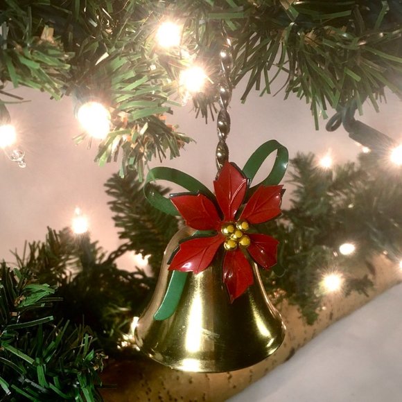 Vintage George Good Brass Bell With Christmas Poinsettia and Bow - Picture 2 of 4